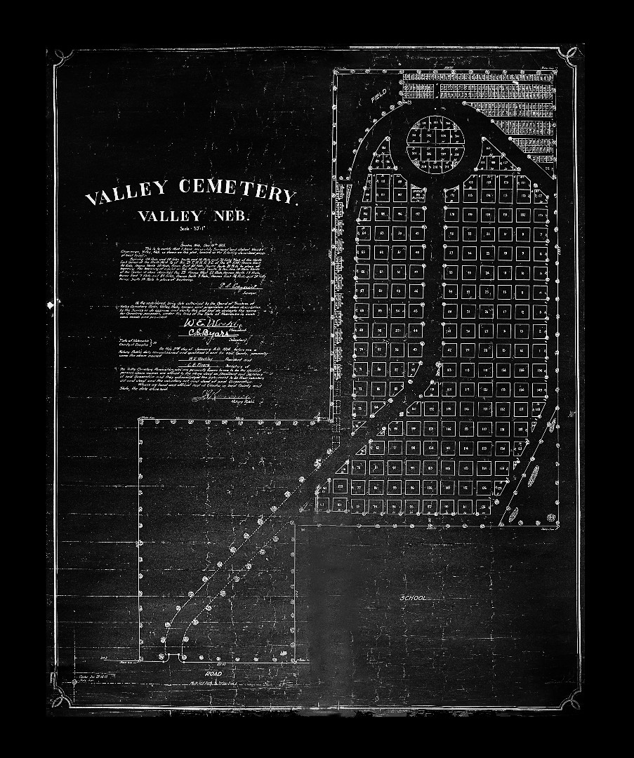 image contains a white text on black background visual map of Valley cemetery.